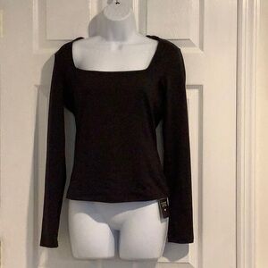 NWT ENERFUL Women’s Classic Square Neck Stretch Long Sleeve Basic Black Top Med